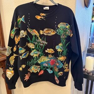 Vtg Colorful Fish Aquarium 1992 Glittery Hand Paint Black Sweatshirt Size Large